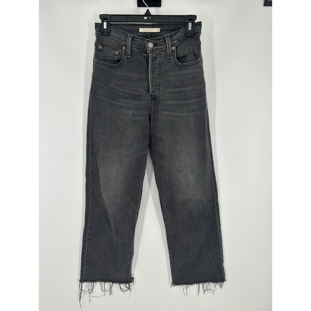 Levis Ribcage Straight Ankle Black High Rise Jeans Distressed Hem Size 25 25x26
